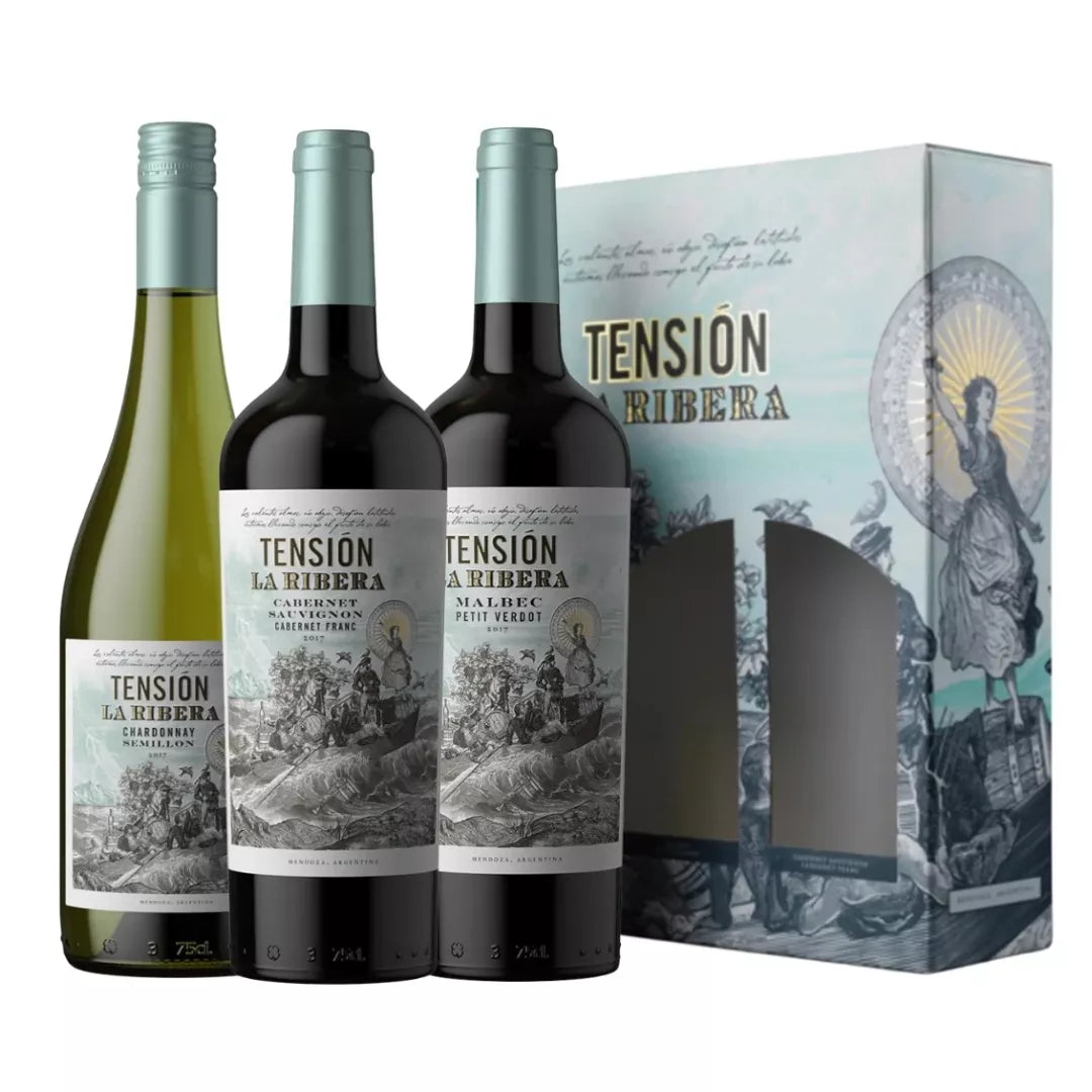 Vino Tensión La Ribera x 3 con Estuche (Chardonnay - Malbec y Cabernet Sauvignon) - 750 ml
